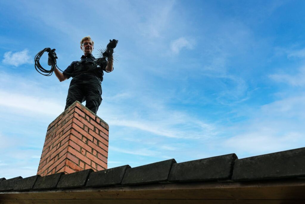 A man on the chimney of a home cleaning the chimney with a large brush