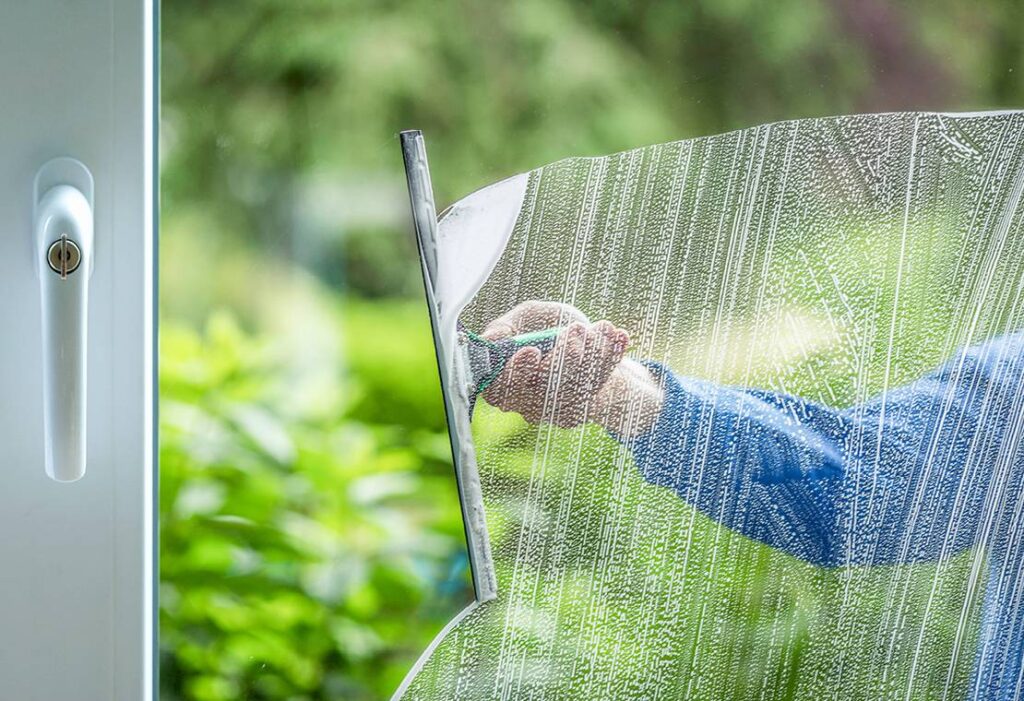 Get Dwell window washer squeegeeing a window with a streak free finish revealing a lush green garden.