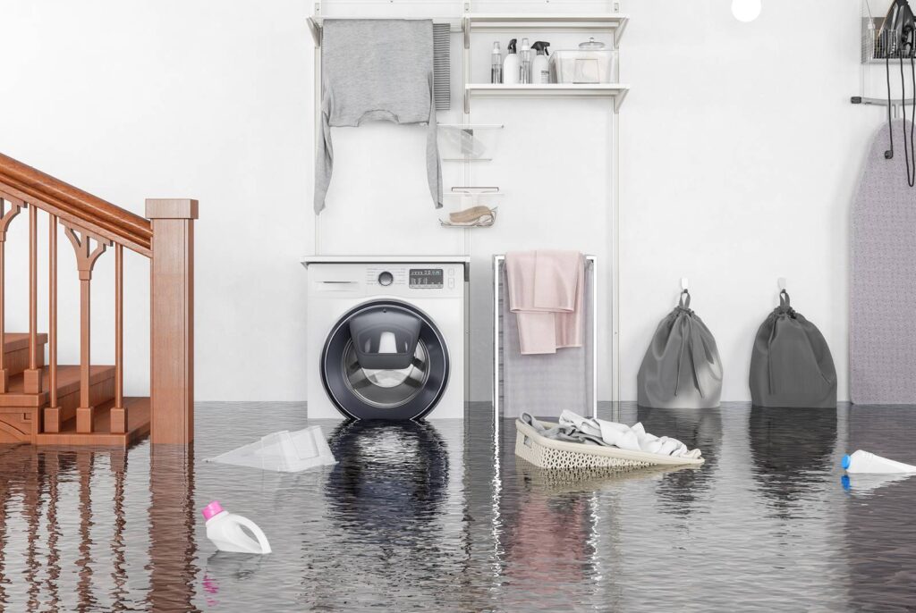 A modern basement laundry area is flooded with water, and laundry baskets and detergent are floating in the water