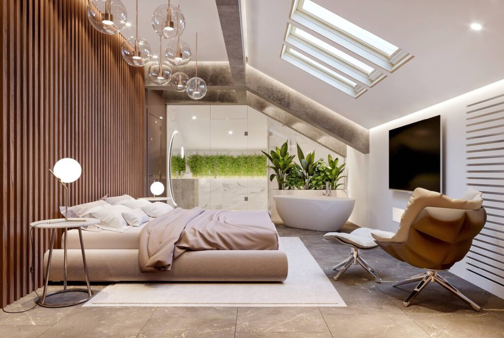 A modern bedroom brightly lit by three skylights, wish lush plants