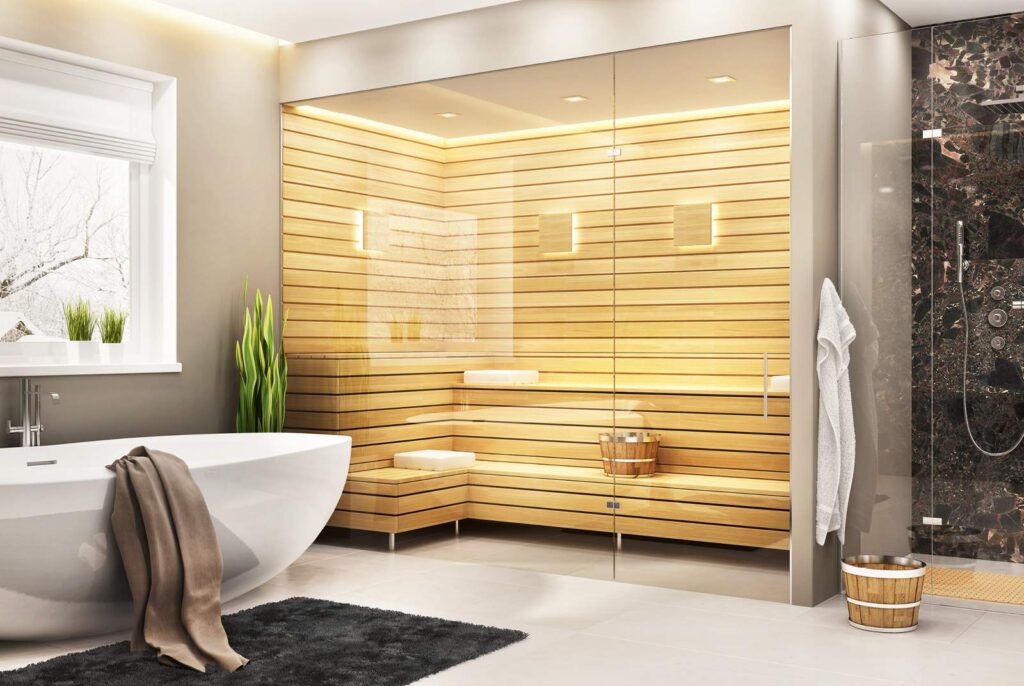 Bath Remodeling—luxury contemporary bathroom with a freestanding tub, glass enclosed wood sauna and separate glass enclosed shower room