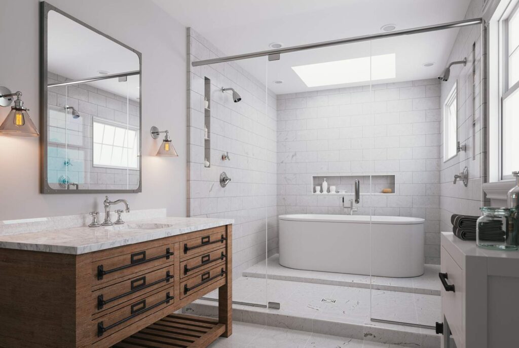 contemporary bathroom with a wet room with dual shower heads and a freestanding spa tub and skylight above