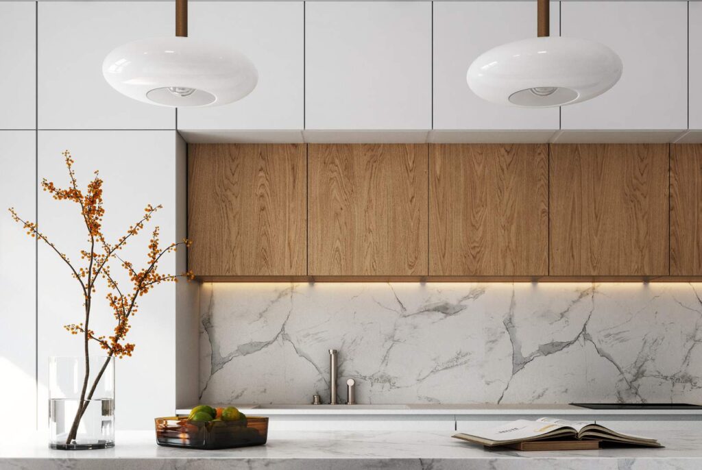 Solid surface marble backsplash in a contemporary white and wood cabinet kitchen