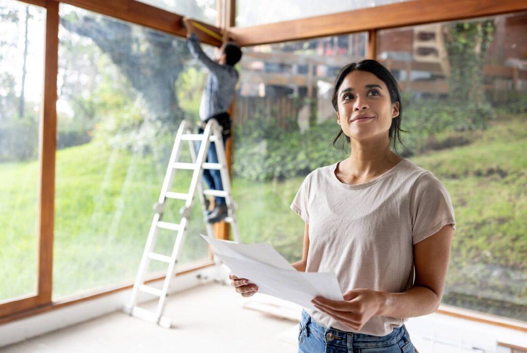 A female homeowner with a dreamy look on her face making plans to renovate her home while a Get Dwell Project Manager takes measurements in the background