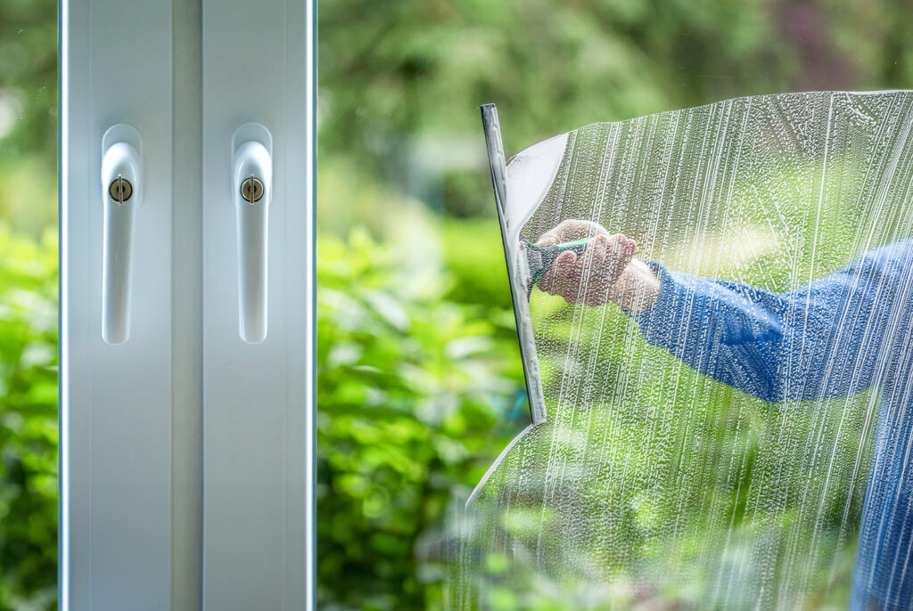 A Get Dwell window cleaner using a squeegee to clean a large door window, with bright green foliage in the background 
