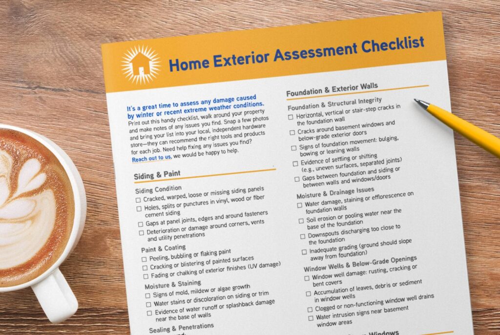 An above view of the get dwell home exterior assessment checklist with a pen.