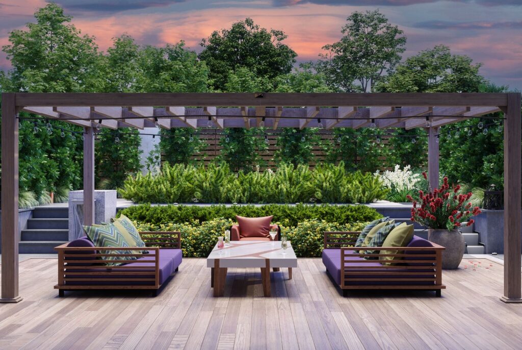 a modern, high end wooden deck with wooden pergola, lush plantings, comfortable and contemporary furniture