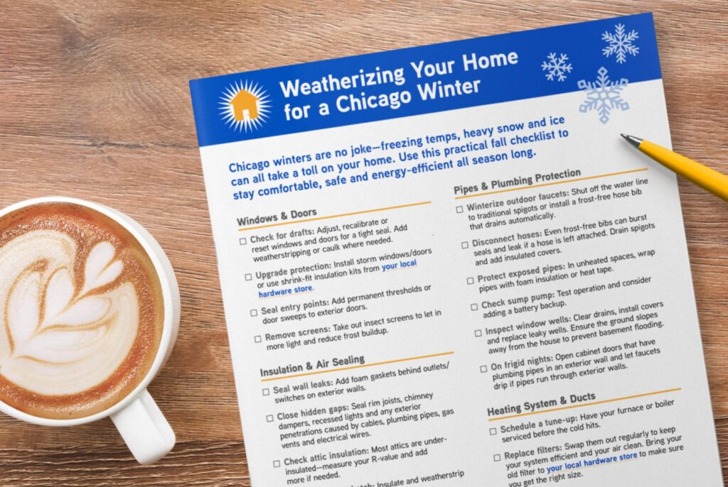Printed checklist titled Weatherizing Your Home for a Chicago Winter on a wood table beside a latte and pencil.